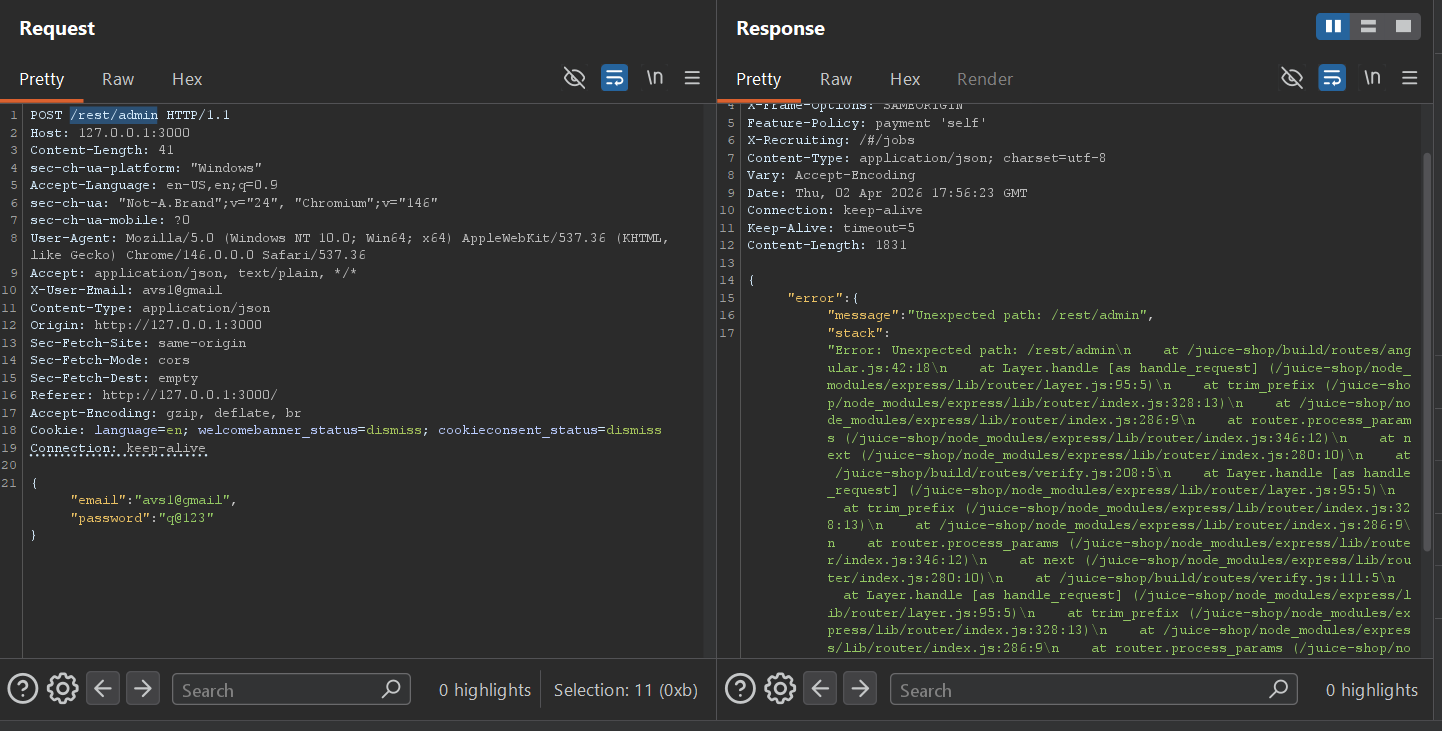 Burp Suite showing /rest/admin 500 error