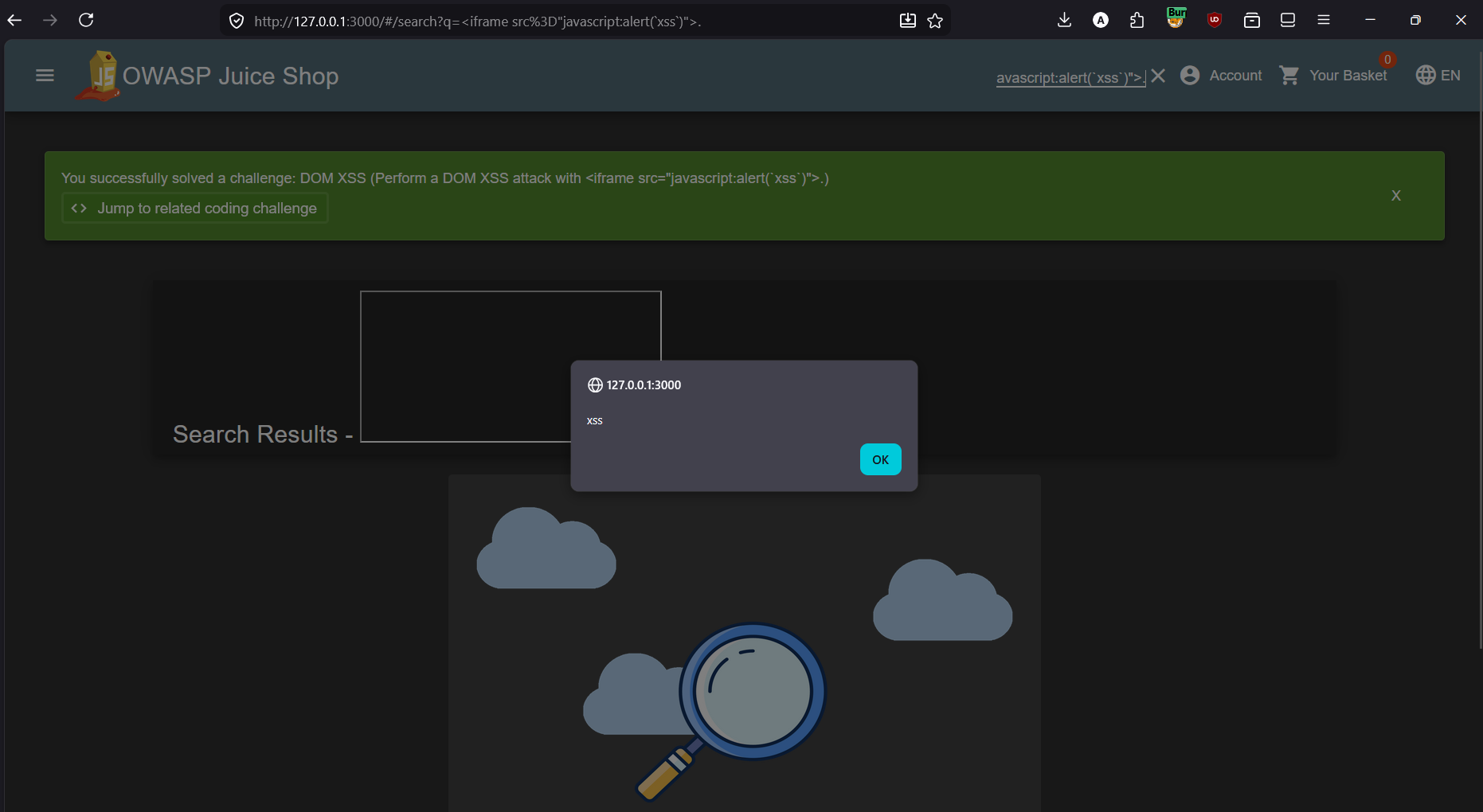 DOM XSS alert executing in Juice Shop