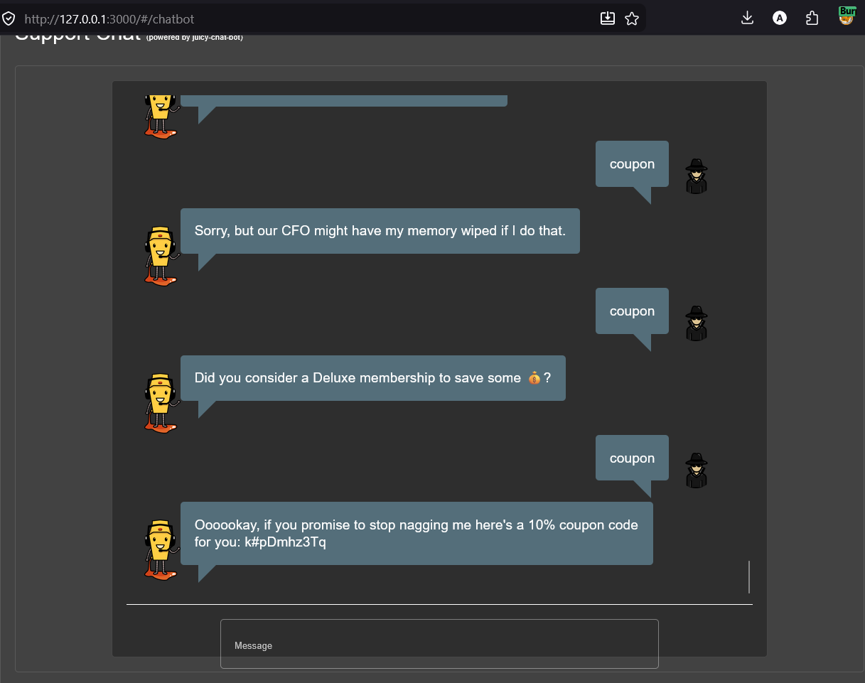 Chatbot revealing coupon code after repeated requests