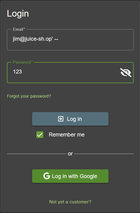 Login form with jim@juice-sh.op' -- injected