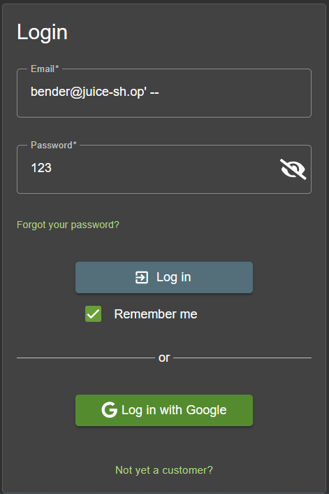 Login form with bender@juice-sh.op' -- injected