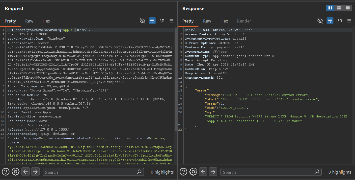 Burp Suite showing SQLite error from search endpoint
