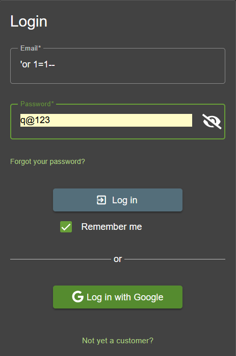 Login form with 'or 1=1-- payload