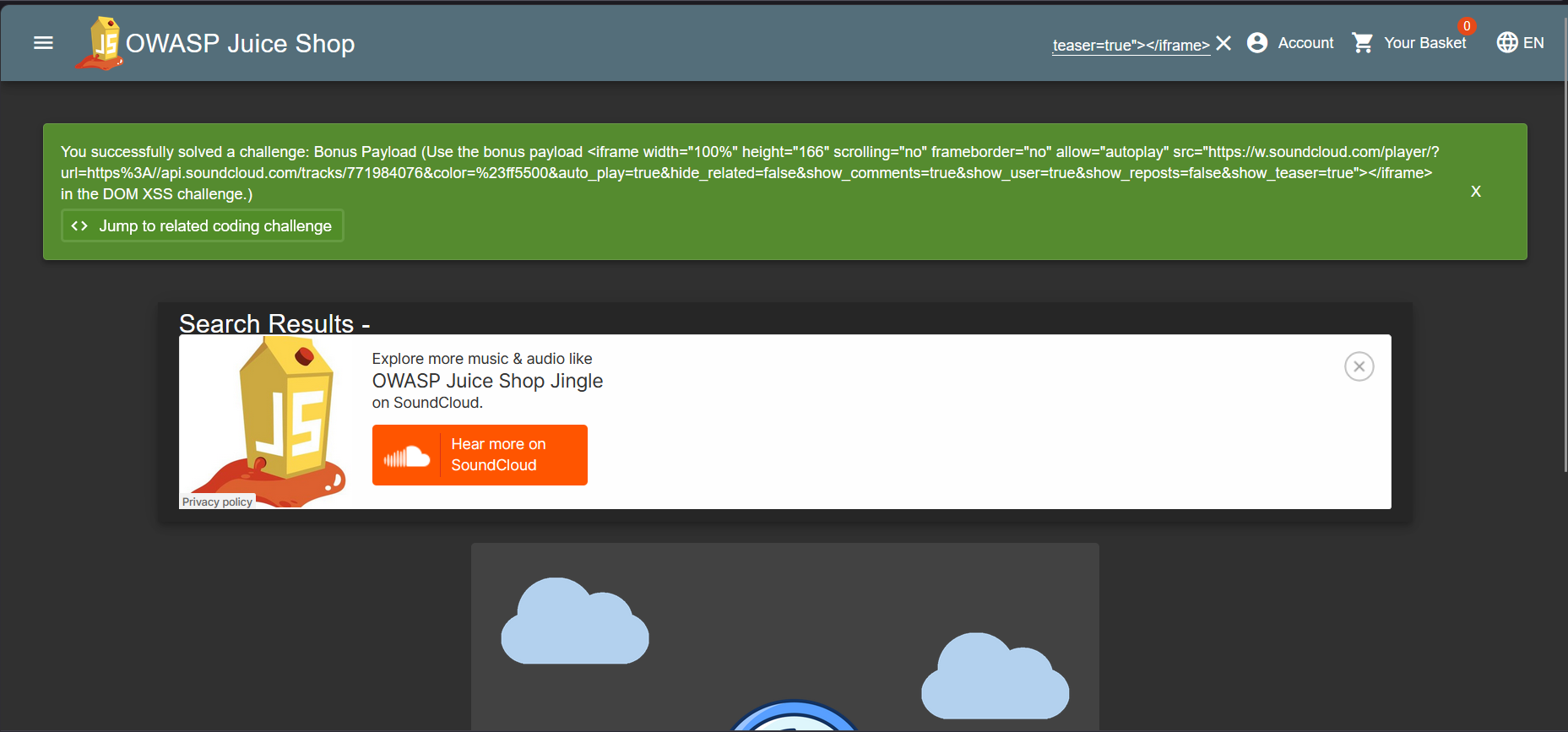 Bonus payload SoundCloud iframe injected into search